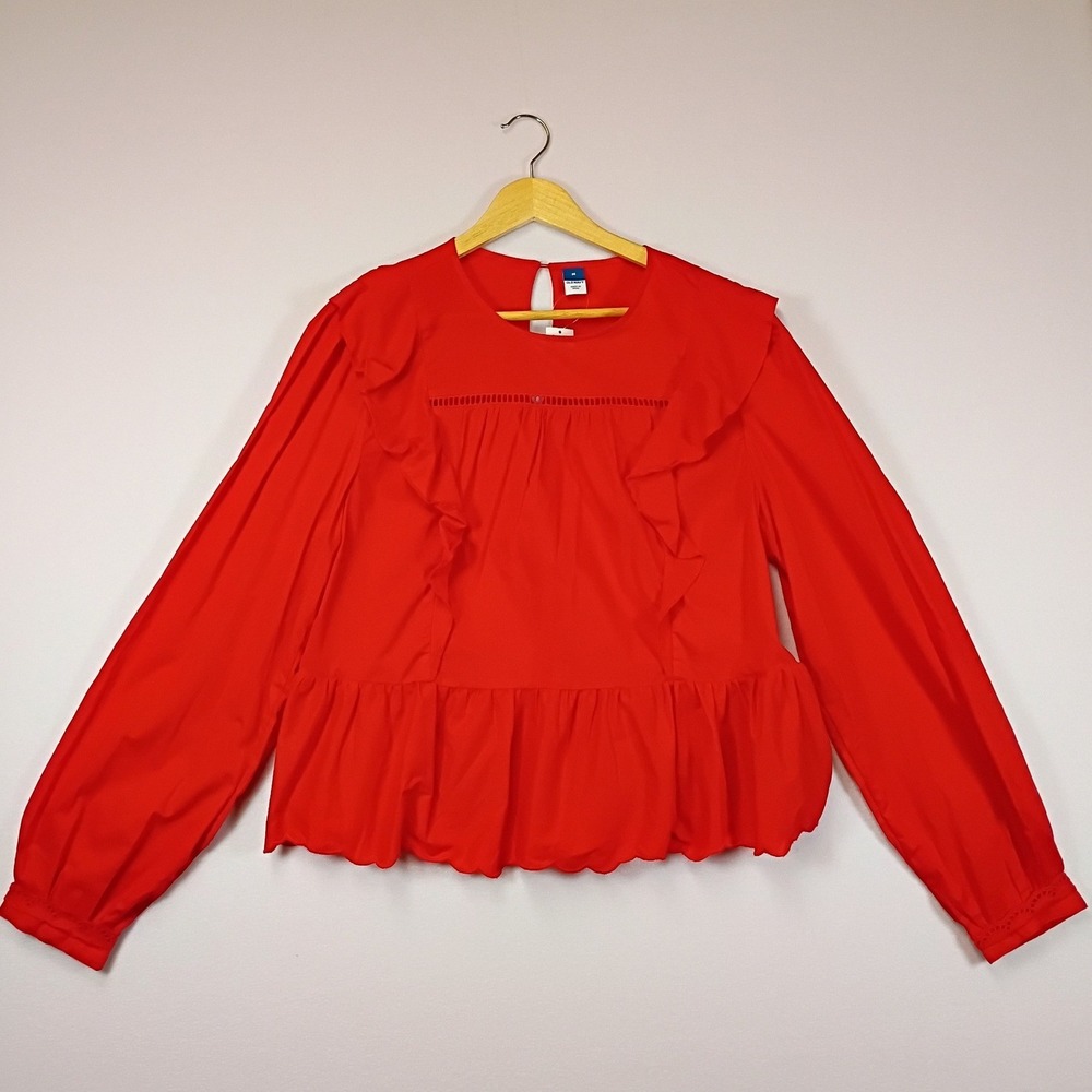 Cottagecore Old Navy Womens Medium Red Ruffle Eyelet Peplum Long Sleeve Blouse
